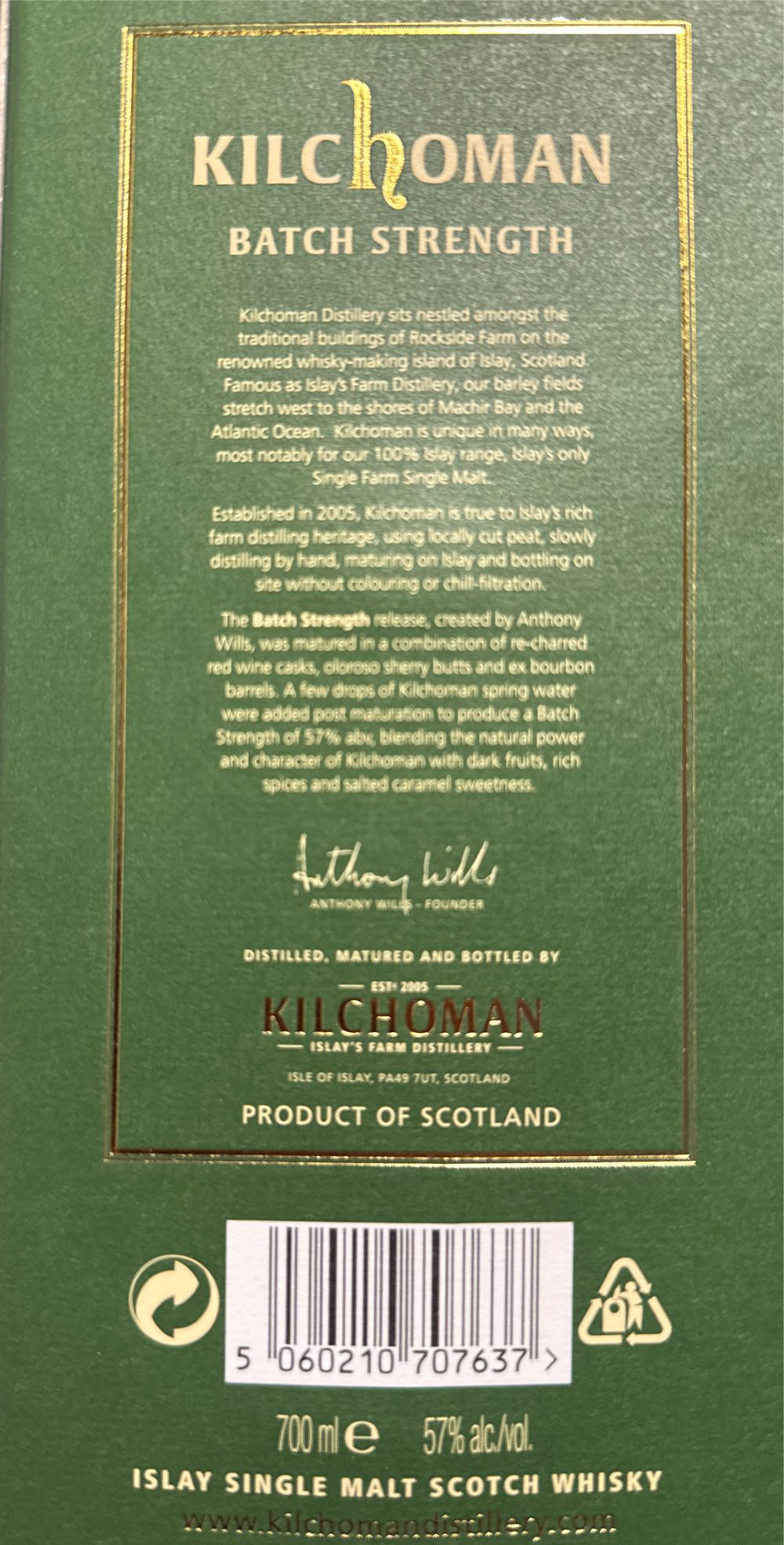 Kilchoman Batch Strength Islay Single Malt Scotch Whisky 57% - Kilchoman Distillery (700 mL) alcohol collectible [Barcode 5060210707637] - Main Image 2