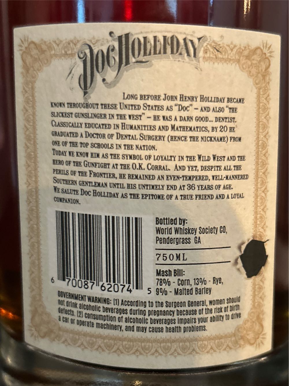 Doc Holliday Straight Bourbon Whiskey - World Whiskey Society (750 mL) alcohol collectible [Barcode 670087620745] - Main Image 3