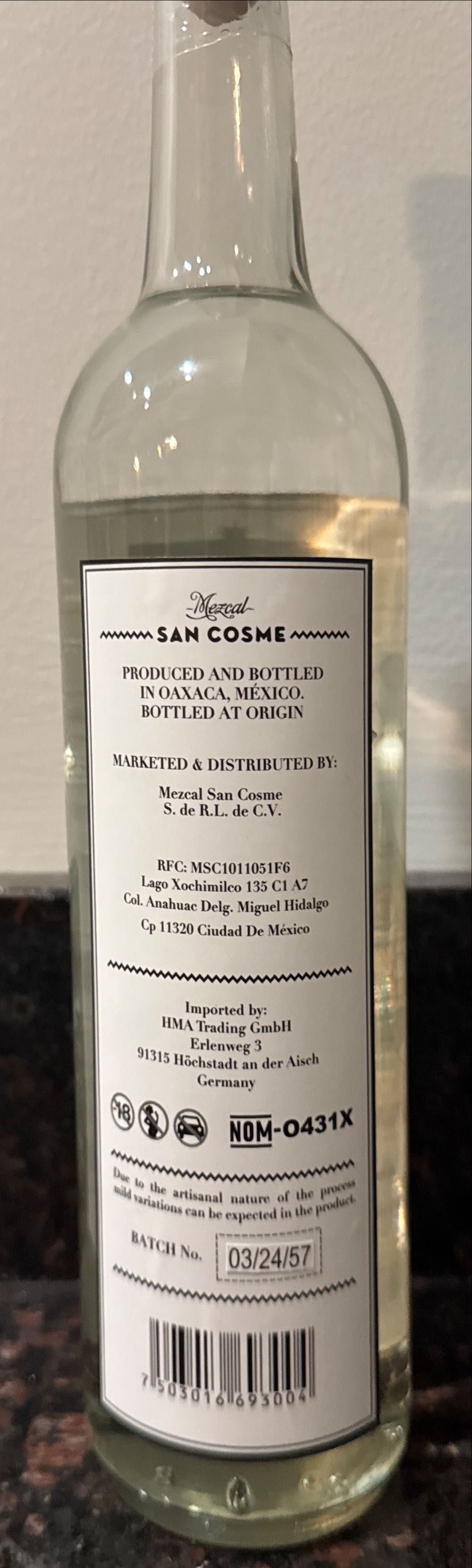 San Cosme Mezcal Joven - San Cosme alcohol collectible [Barcode 7503016693004] - Main Image 2