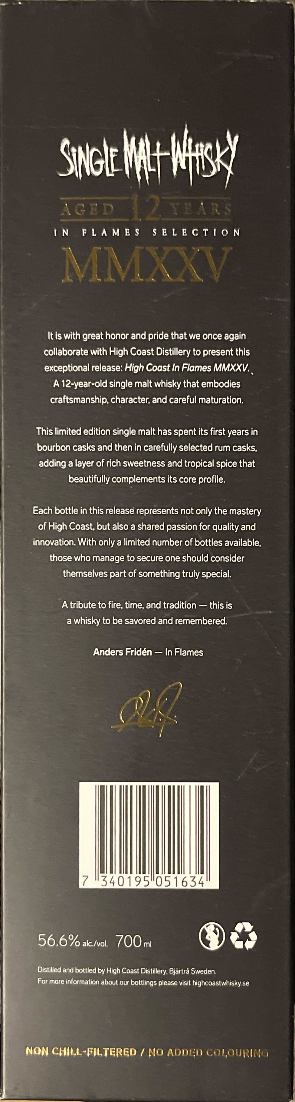 In Flames Selection MMXXV - High Coast Distillery Sweden (700 mL) alcohol collectible [Barcode 7340195051634] - Main Image 2