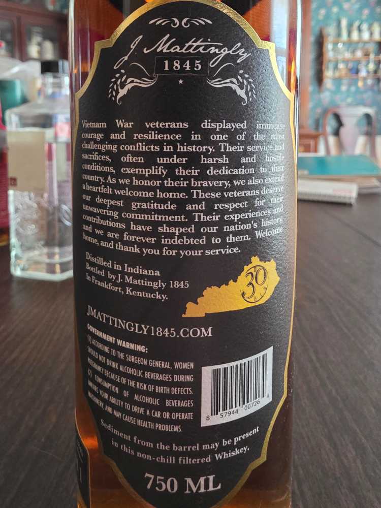 Welcome Home Vietnam Veterans - J Mattingly 1845 Distillery (750 mL) alcohol collectible [Barcode 857944007264] - Main Image 2