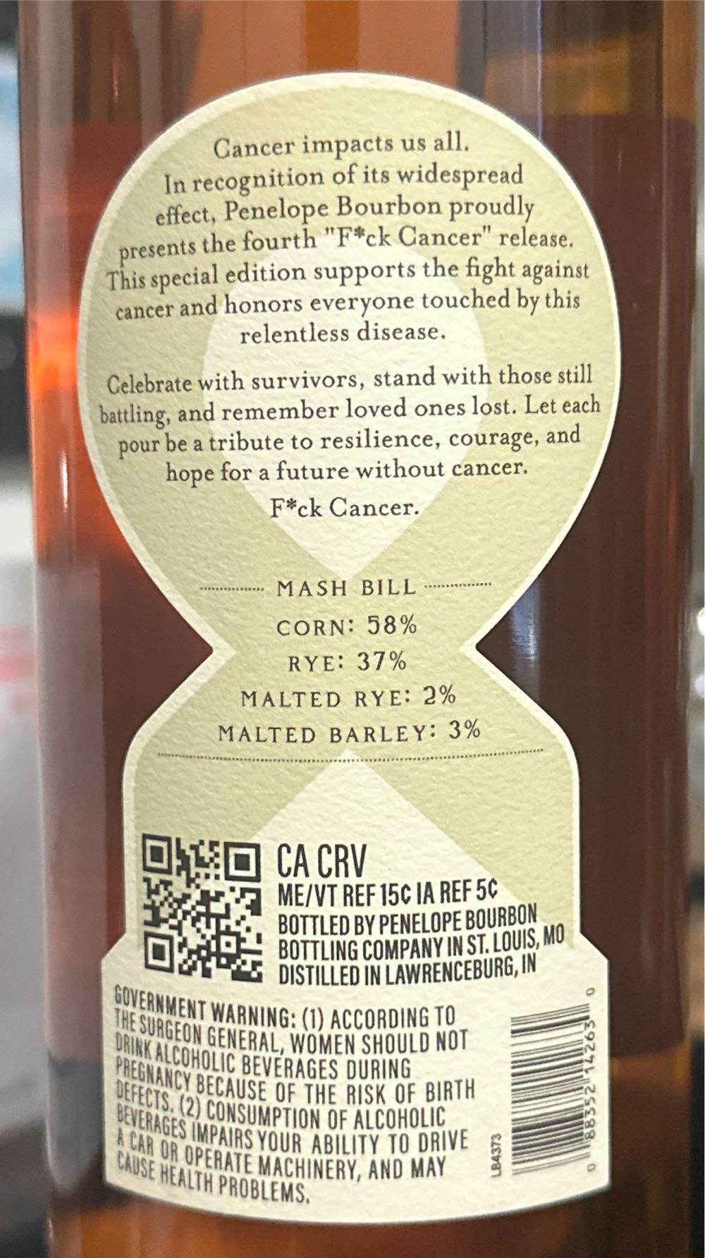 Penelope Fuck Cancer - Distilled In Lawrenceburg, IN (750 mL) alcohol collectible [Barcode 088352142630] - Main Image 2