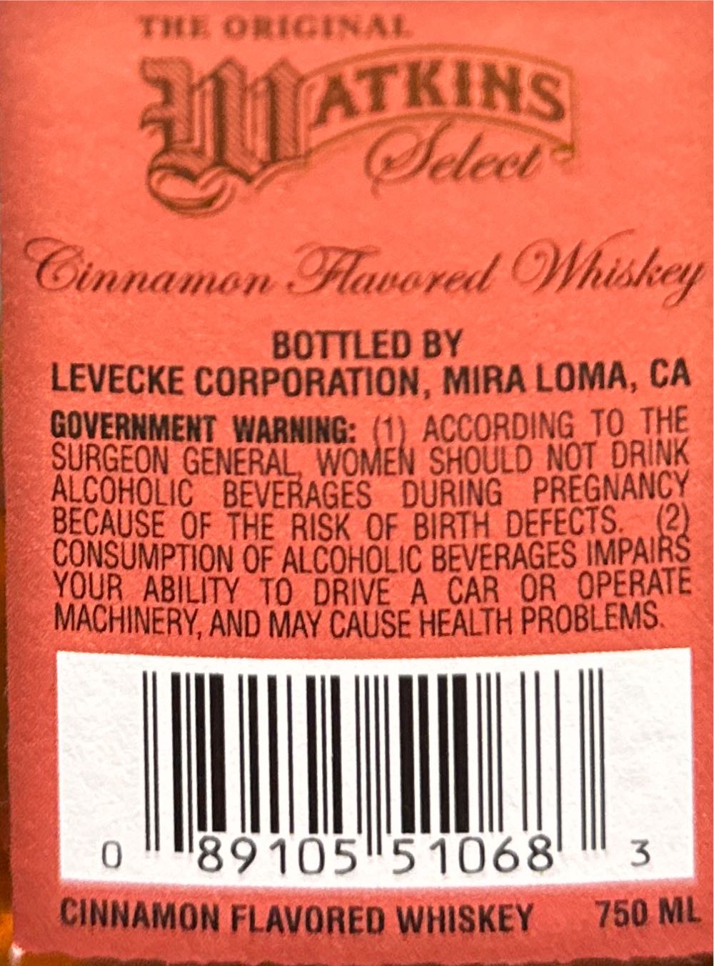 Watkins Select Cinnamon Whiskey - Levecke Corporation (750 mL) alcohol collectible [Barcode 089105510683] - Main Image 2
