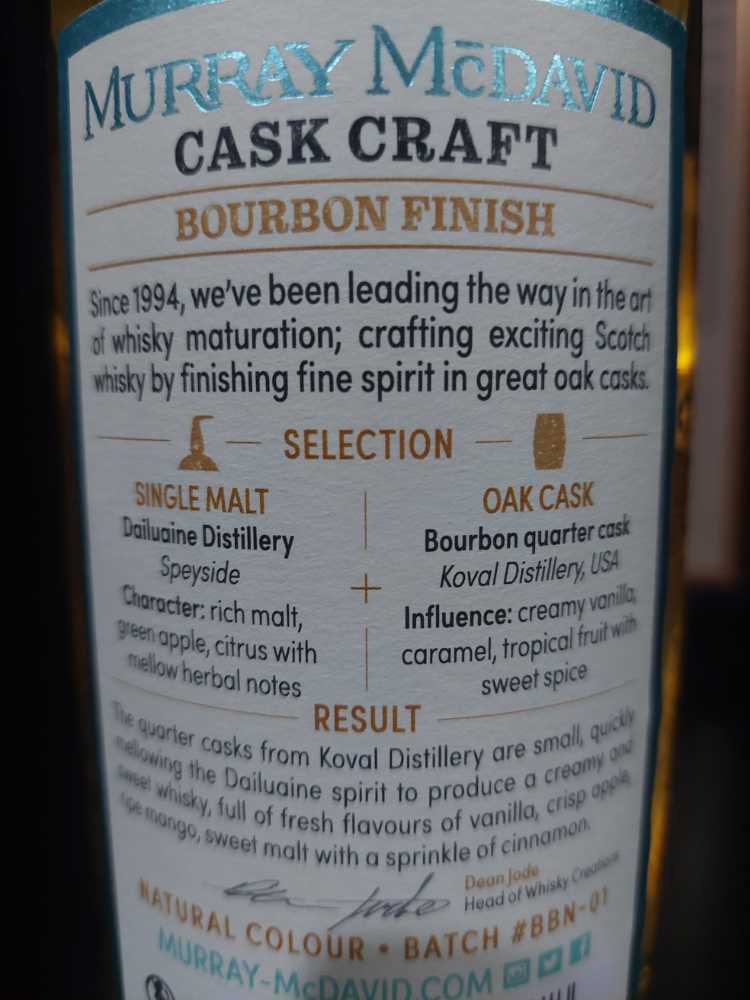 Murray Mcdavid Bourbon Cask Craft Dailuaine Bourbon Finish Mm And Whisky Single Dailuaine Quater Distillery  - Dailuaine Distillery (700 mL) alcohol collectible [Barcode 5060353303178] - Main Image 3