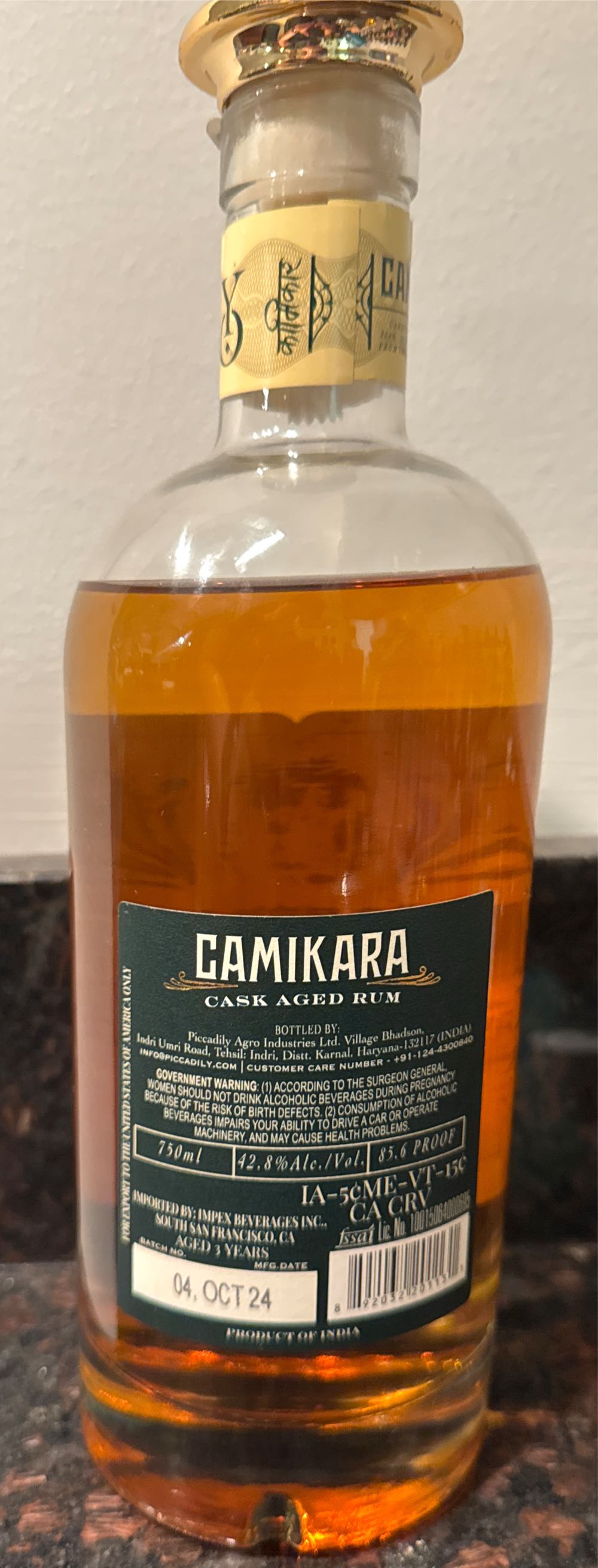 Camikara 3 Year Cask Aged Indian Rum - Picadilly Agro Industries alcohol collectible [Barcode 892032201131] - Main Image 2