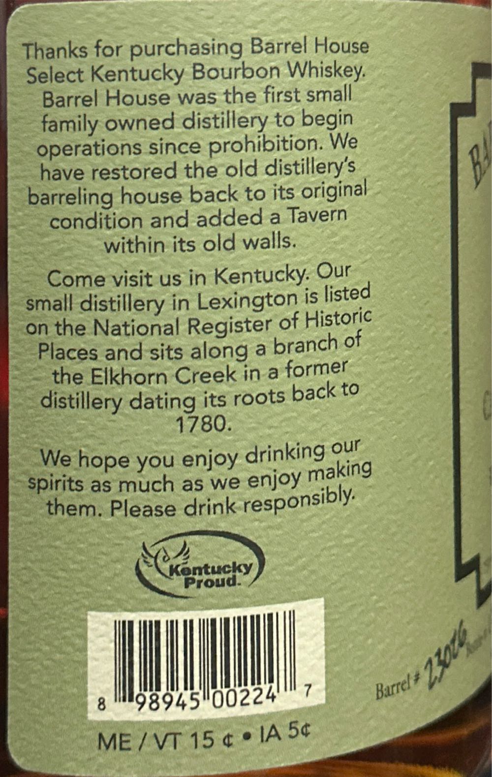 Barrel House Select Cask Strength Single Barrel Straight Bourbon Whiskey - Barrel House Distilling Company Lexington Kentucky alcohol collectible [Barcode 898945002247] - Main Image 3