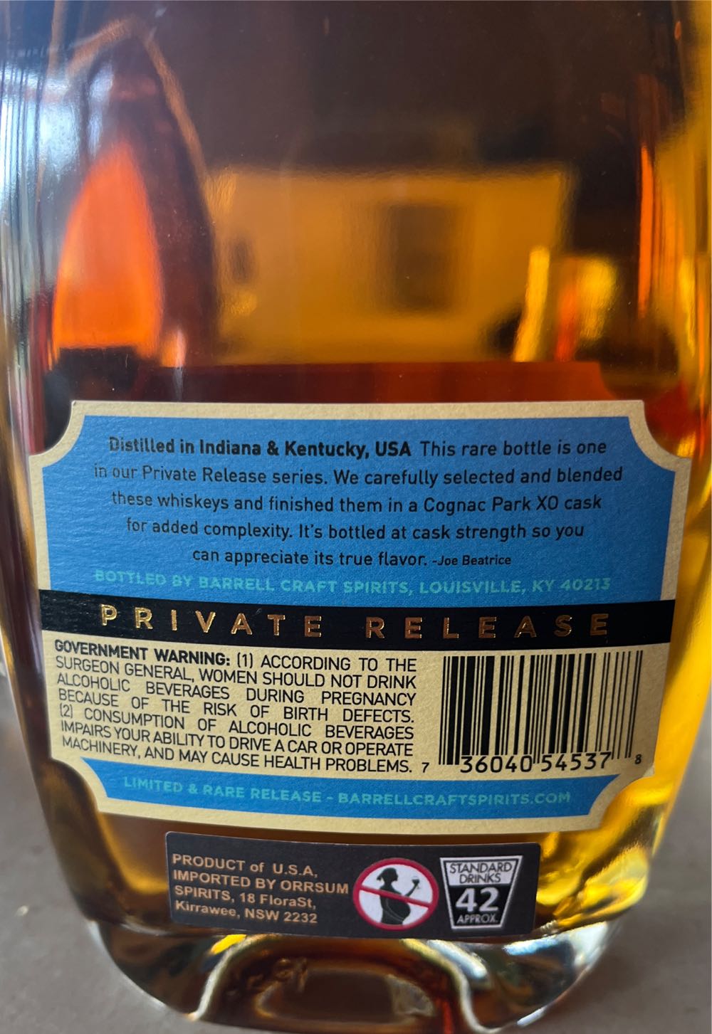 Barrell Private release Cognac park XO - Barrell Craft Spirits, Stamford, CT alcohol collectible [Barcode 736040545378] - Main Image 3