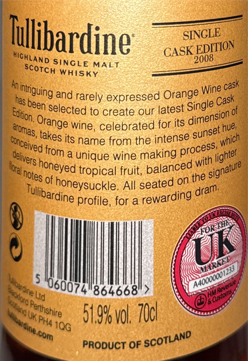 Tullibardine Single Cask Edition - Tullibardine Distillery (700 mL) alcohol collectible [Barcode 5060074864668] - Main Image 2