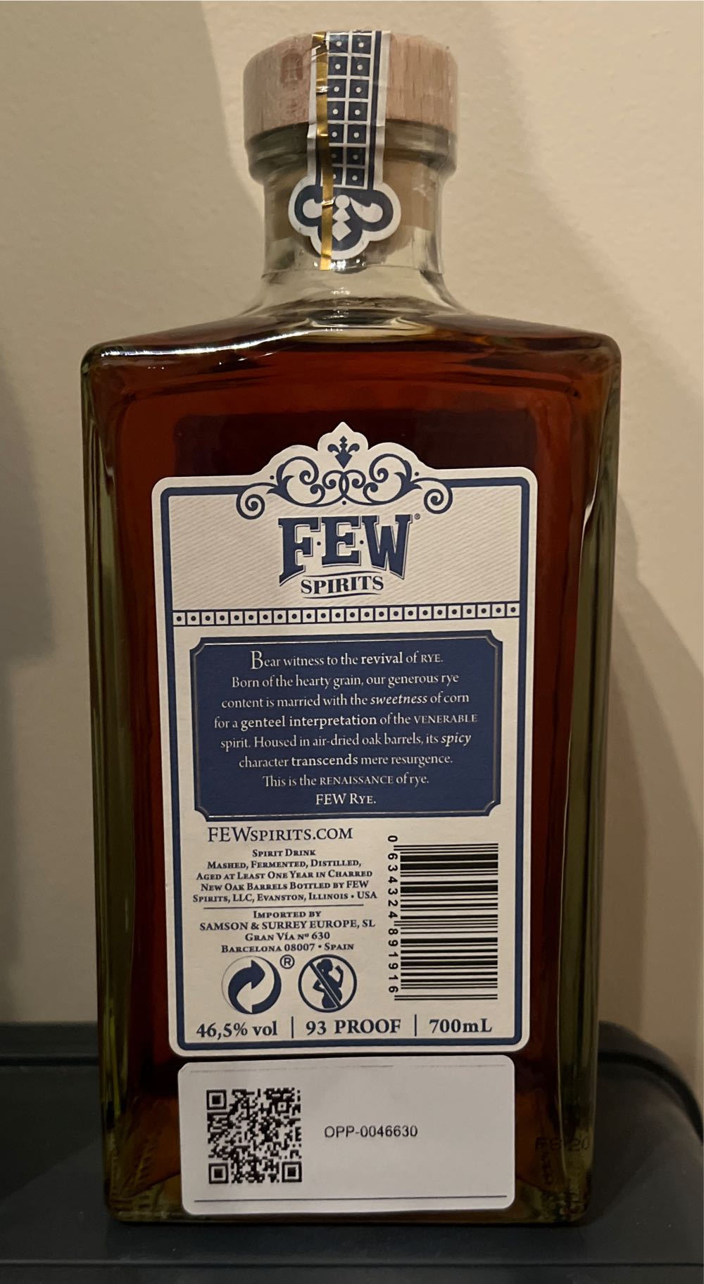 Few S Few Rye Whiskey 70cl 46.5% 70cl Spirits  alcohol collectible [Barcode 634324891916] - Main Image 2