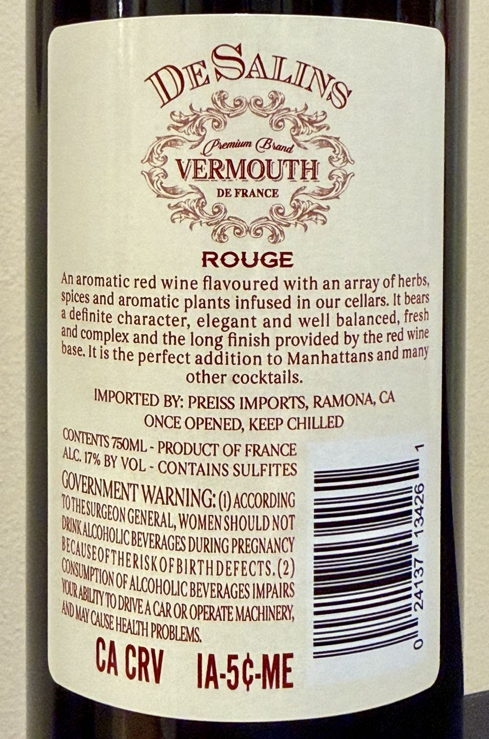 DeSalins Red Vermouth, Rouge - Developed By Vedrenne, Nuits Saint Georges, Burgundy FR (750 mL) alcohol collectible - Main Image 2