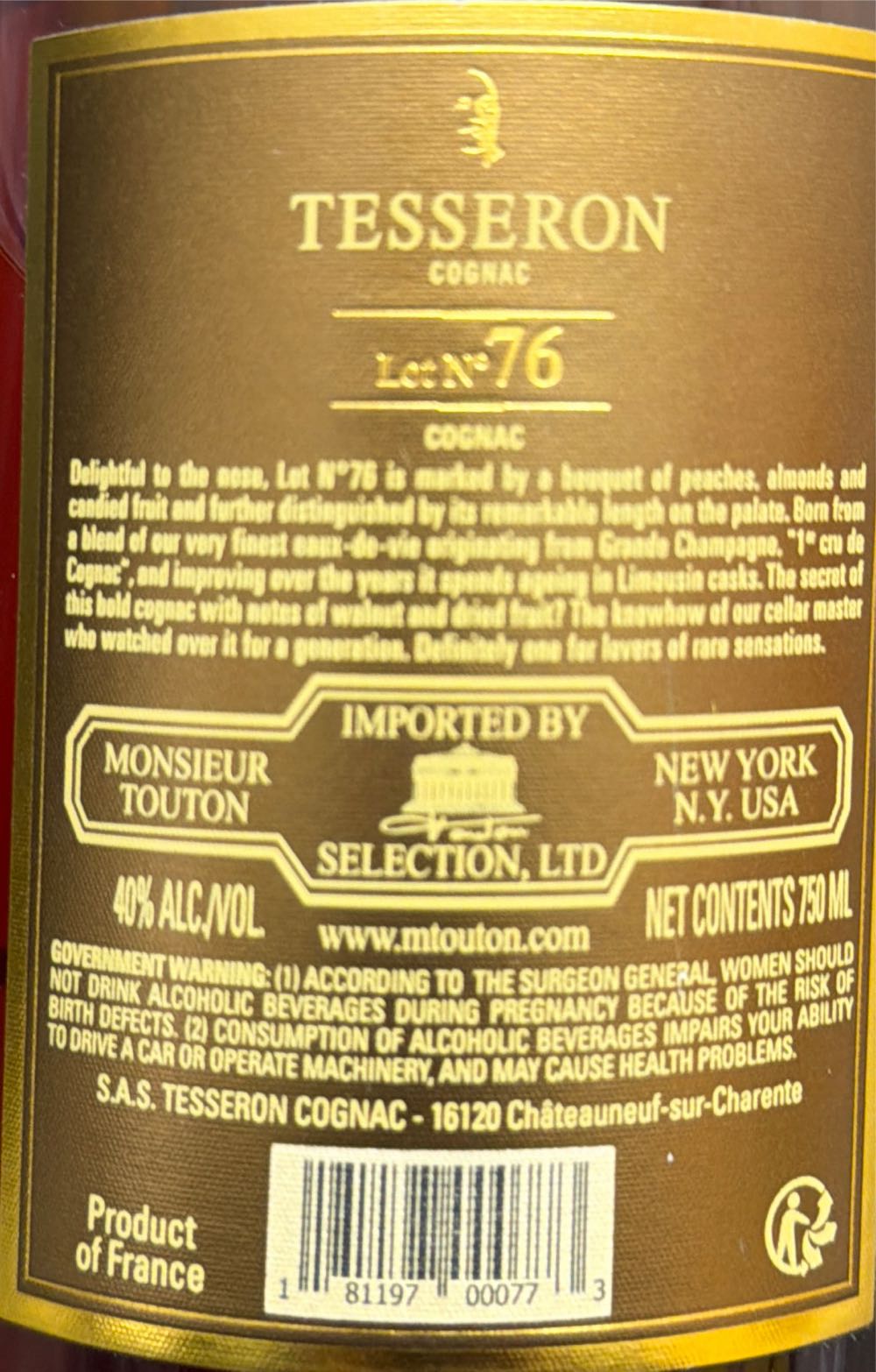 Tesseron X.o 76 Tradition 76 Cask Fine & 76 Cognac Tesseron Xo Tradition 750ml Grande Passion Rare Wine  alcohol collectible [Barcode 181197000773] - Main Image 4