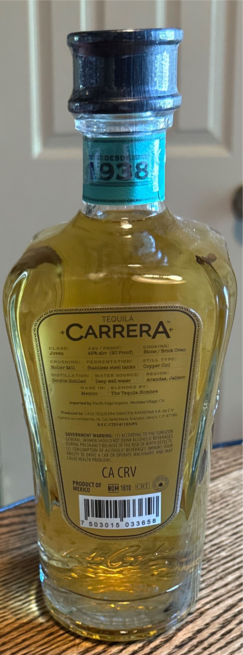Carrera Joven High Proof - NOM 1610 (750 mL) alcohol collectible - Main Image 2