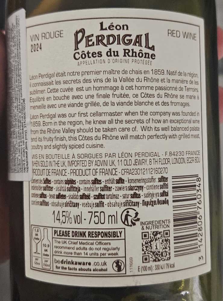 Léon Perdigal Côtes du Rhône Rouge  - Léon Perdigal (750 mL) alcohol collectible - Main Image 2