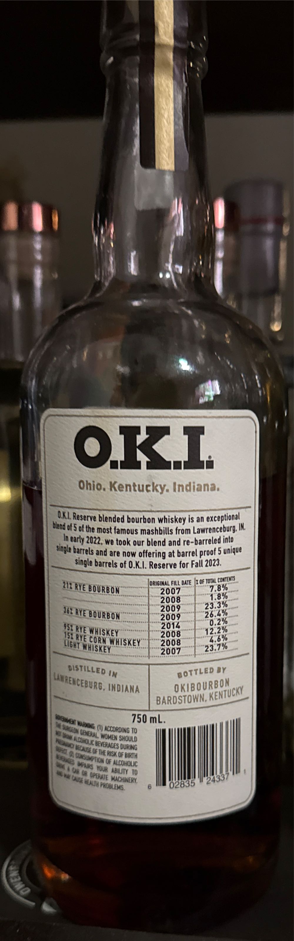 O.K.I Reserve Single Barrel 108.7 Proof  (750 mL) alcohol collectible [Barcode 602835243371] - Main Image 2