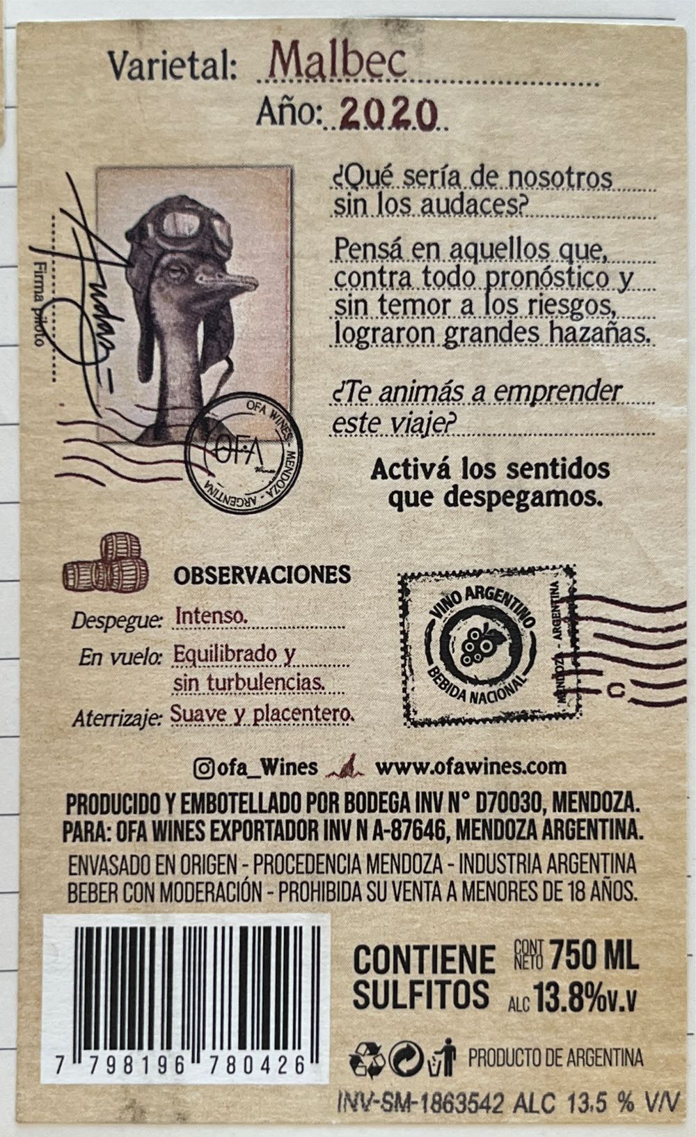 Audaz Malbec 2020 - Ofa Wines (750 mL) alcohol collectible [Barcode 7798196780426] - Main Image 2