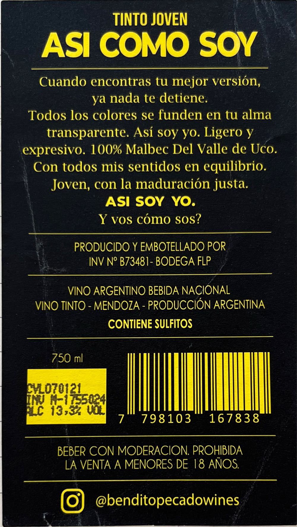 Asi Como Soy Malbec 2020 - Bendito Pecado Wines (750 mL) alcohol collectible [Barcode 7798103167838] - Main Image 2