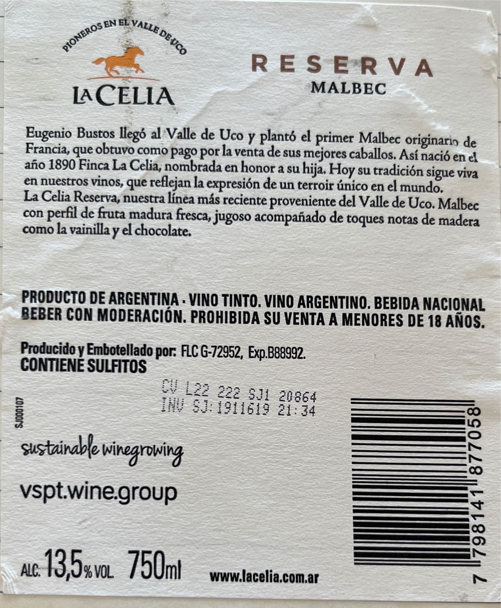 La Celia Reserva Malbec 2021 - Finca La celia (750 mL) alcohol collectible [Barcode 7798141877058] - Main Image 3