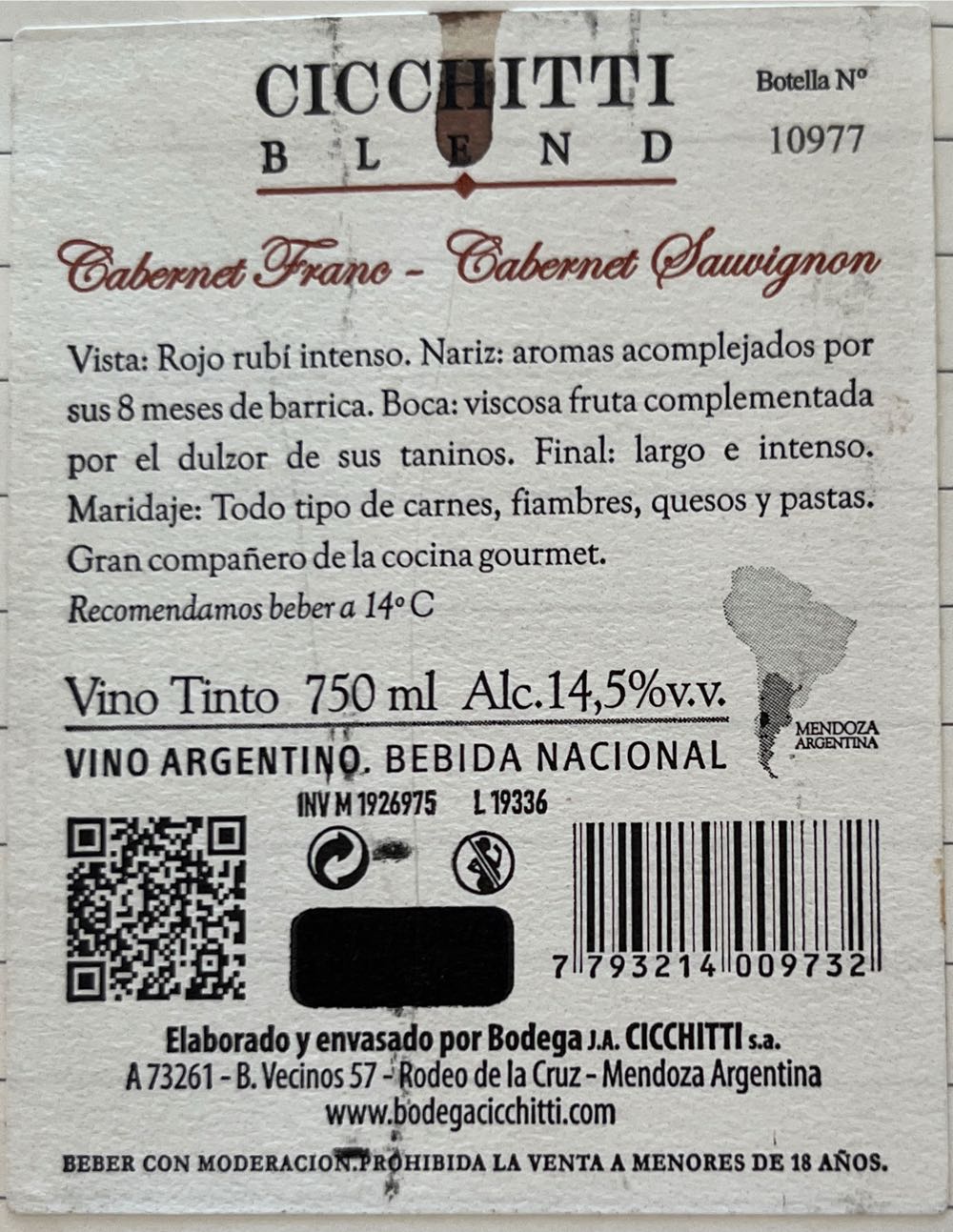 Cicchitti Blend 2020 - Bodega Cicchitti (750 mL) alcohol collectible [Barcode 7793214009732] - Main Image 2