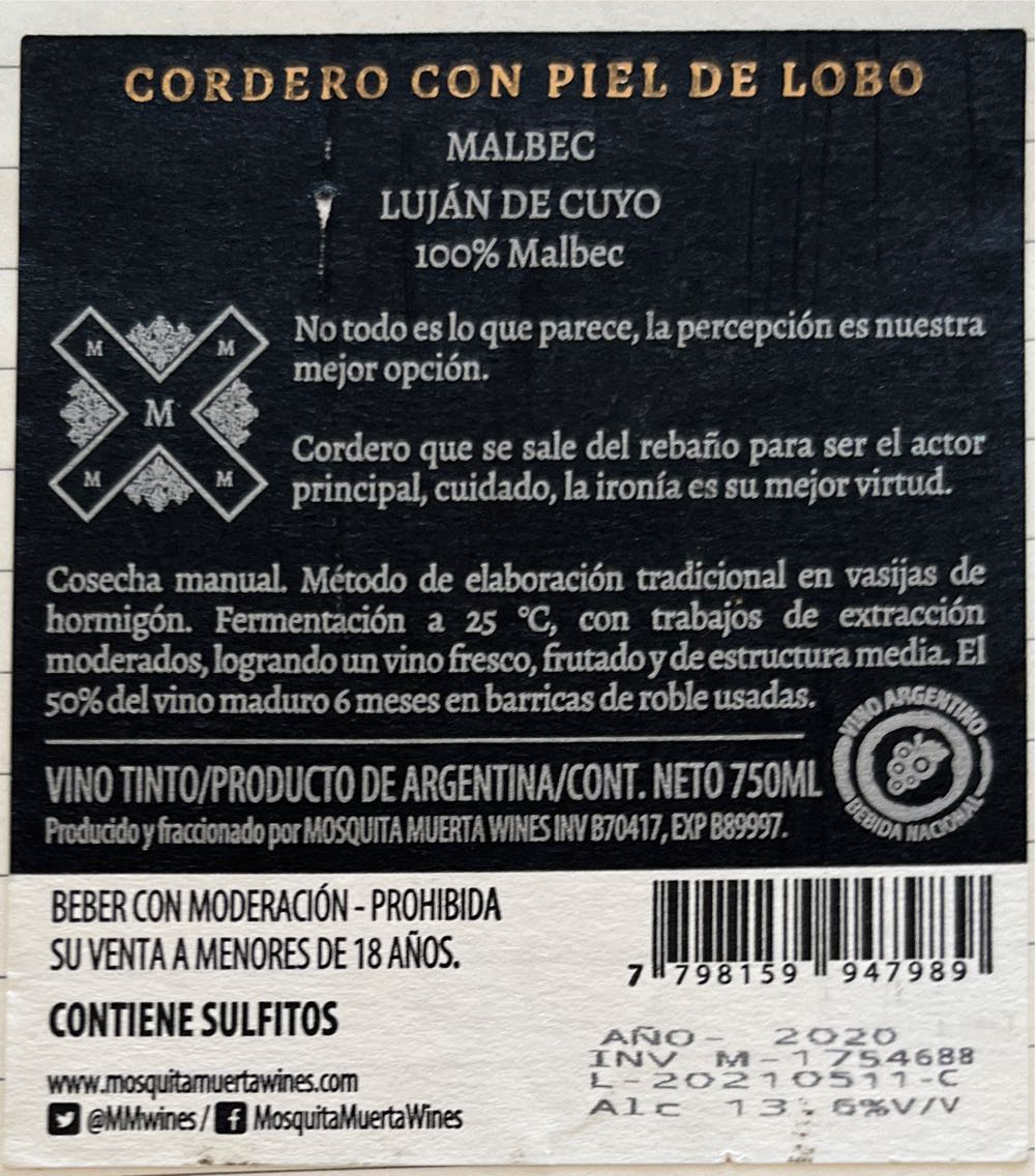 Cordero con Piel de Lobo Malbec 2020 - Mosquita Muerta (750 mL) alcohol collectible [Barcode 7798159947989] - Main Image 3