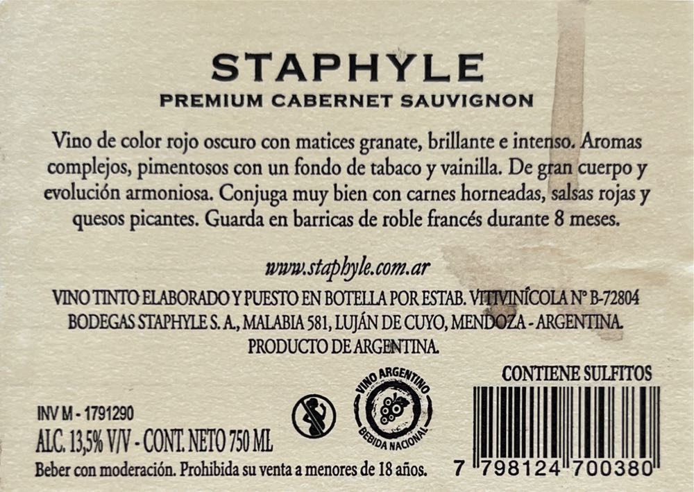 Staphyle Premium Cabernet Sauvignon 2020 - Bodega Staphyle (750 mL) alcohol collectible [Barcode 7798124700380] - Main Image 2