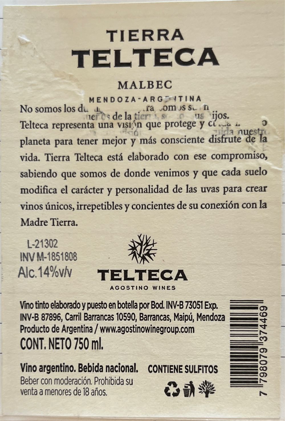Tierra Telteca Malbec 2020 - Agostino Wines (750 mL) alcohol collectible [Barcode 7798079374469] - Main Image 2