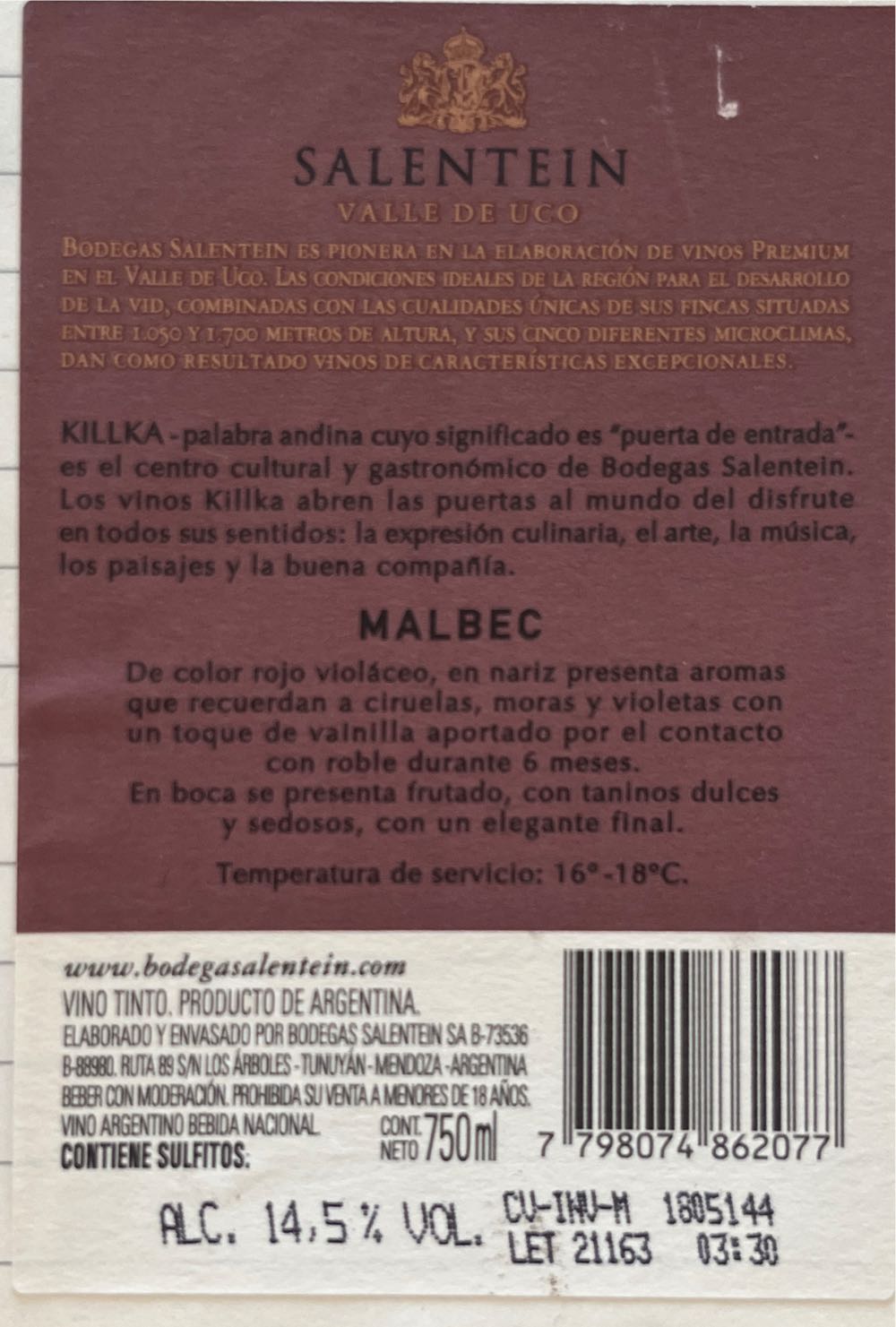 Killka Bodegas Salentein Malbec 2020 - Bodegas Salentein (750 mL) alcohol collectible [Barcode 7798074862077] - Main Image 2