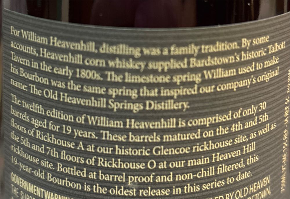 William Heavenhill 19 yr Barrel Proof - Heaven Hill Distilleries (750 ml) alcohol collectible [Barcode 096749006943] - Main Image 3