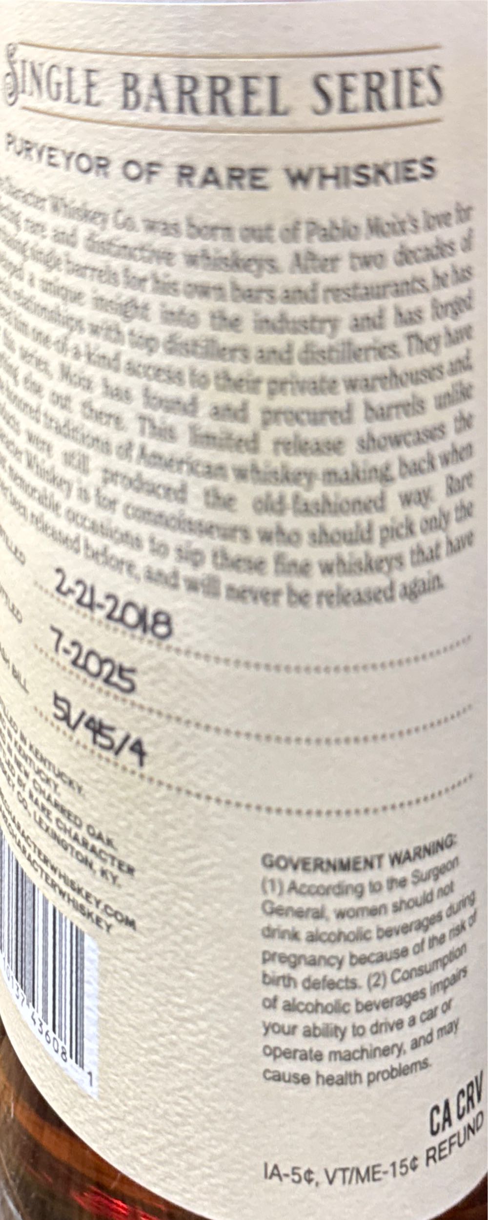 Rare Character Single Barrel Series - Rare Character Whiskey Co (750 mL) alcohol collectible [Barcode 810137436081] - Main Image 2