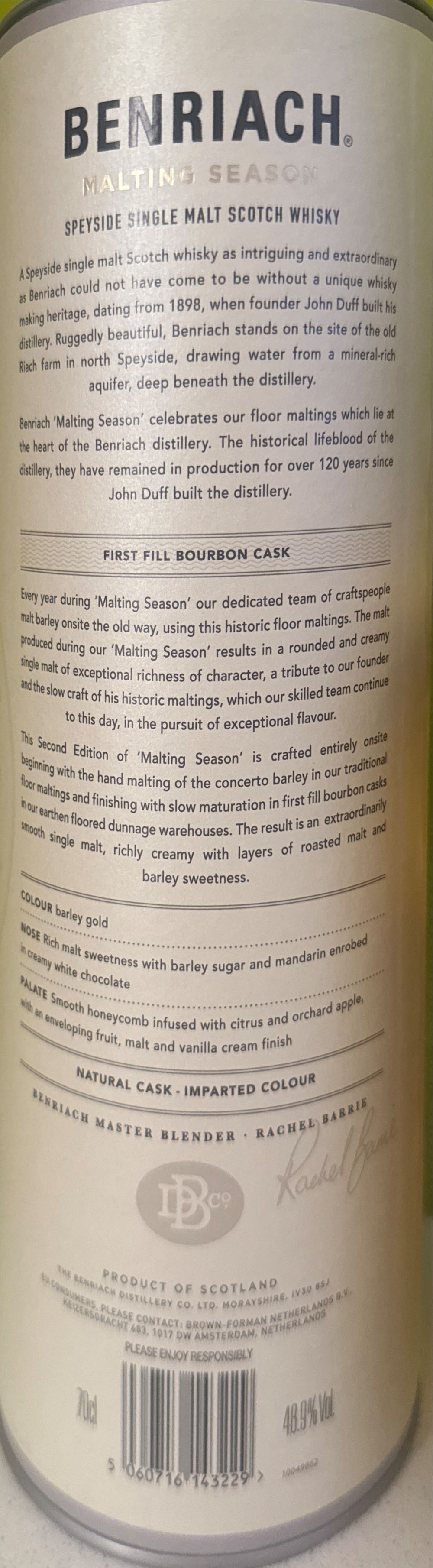 Benriach Malting Season Second Edition Single Malt Scotch Whisky Batch 2 Speyside #2 - Benriach Distillery (700 mL) alcohol collectible [Barcode 5060716143229] - Main Image 3