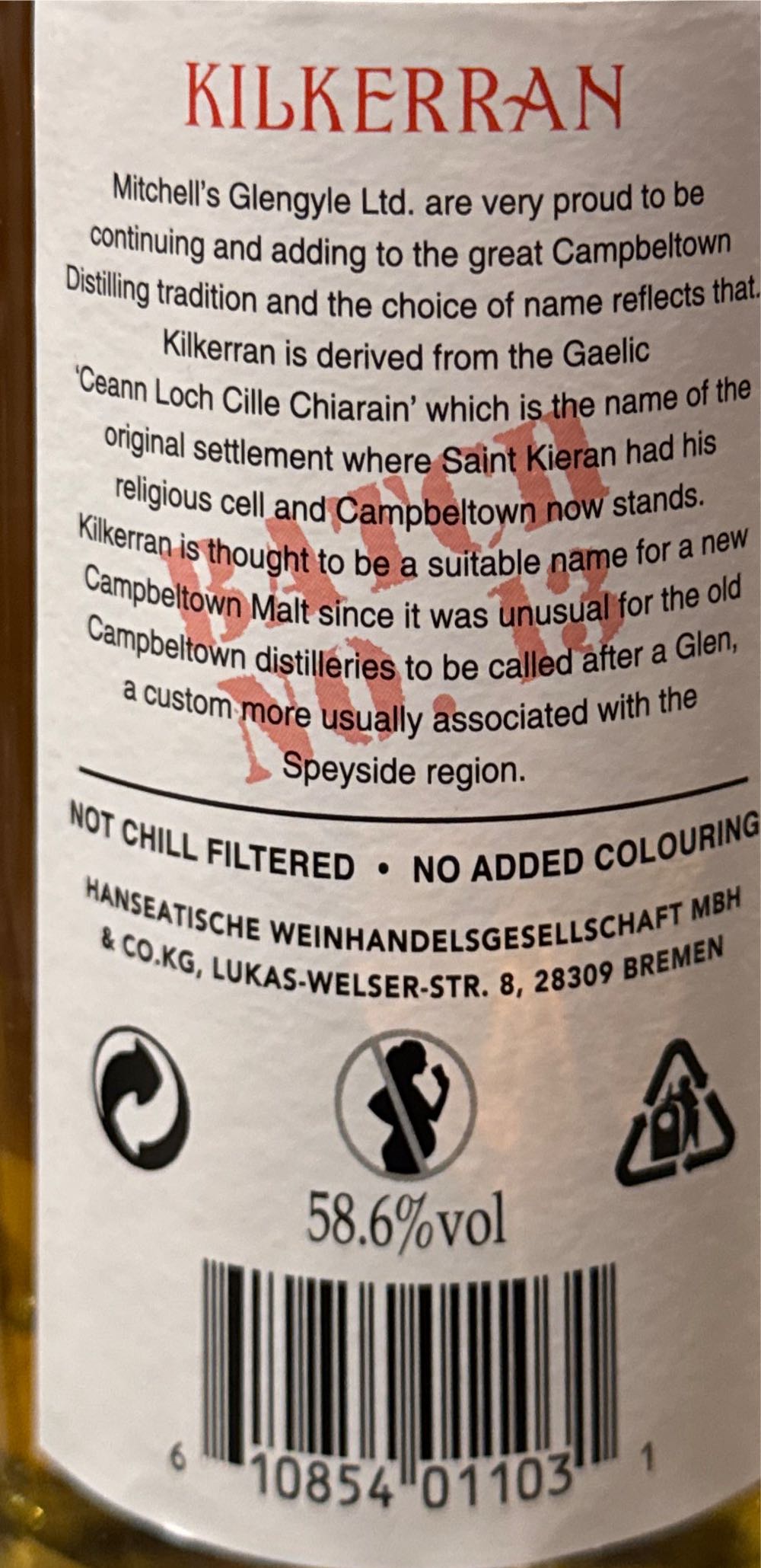 Kilkerran Heavily Peated Batch 13 - Kilkerran Glengyle Distillery (700 mL) alcohol collectible [Barcode 610854011031] - Main Image 2