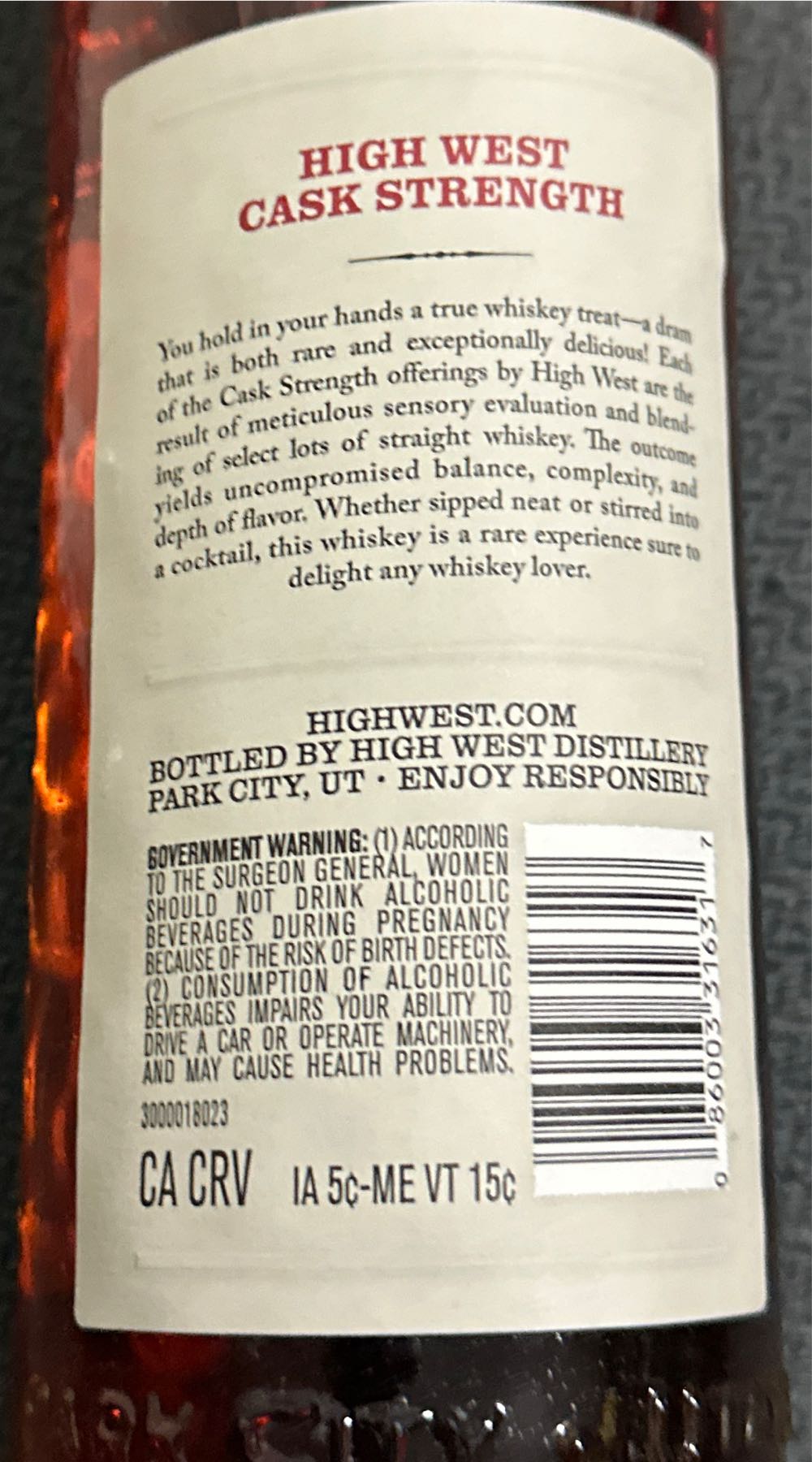 High West Cast Strength Blend Of Straight Bourbons - High West Distillery, Park City, Utah (750 mL) alcohol collectible [Barcode 086003316317] - Main Image 2