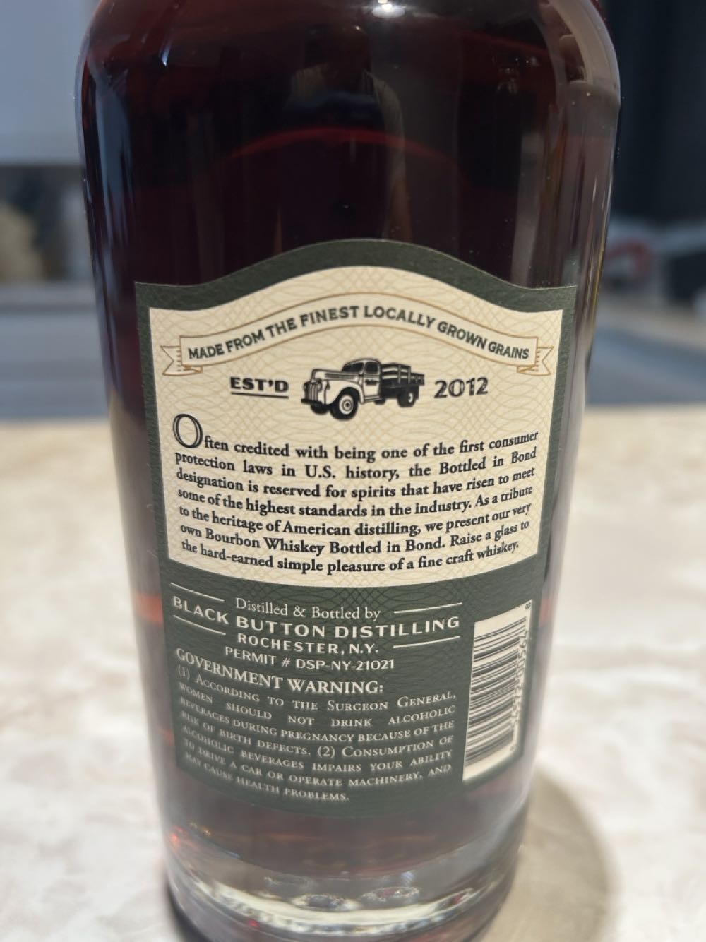 Black Button Straight Bourbon Whiskey Bottled In Bond - Black Button Distilling, Rochester, NY (750 mL) alcohol collectible [Barcode 854572005648] - Main Image 2