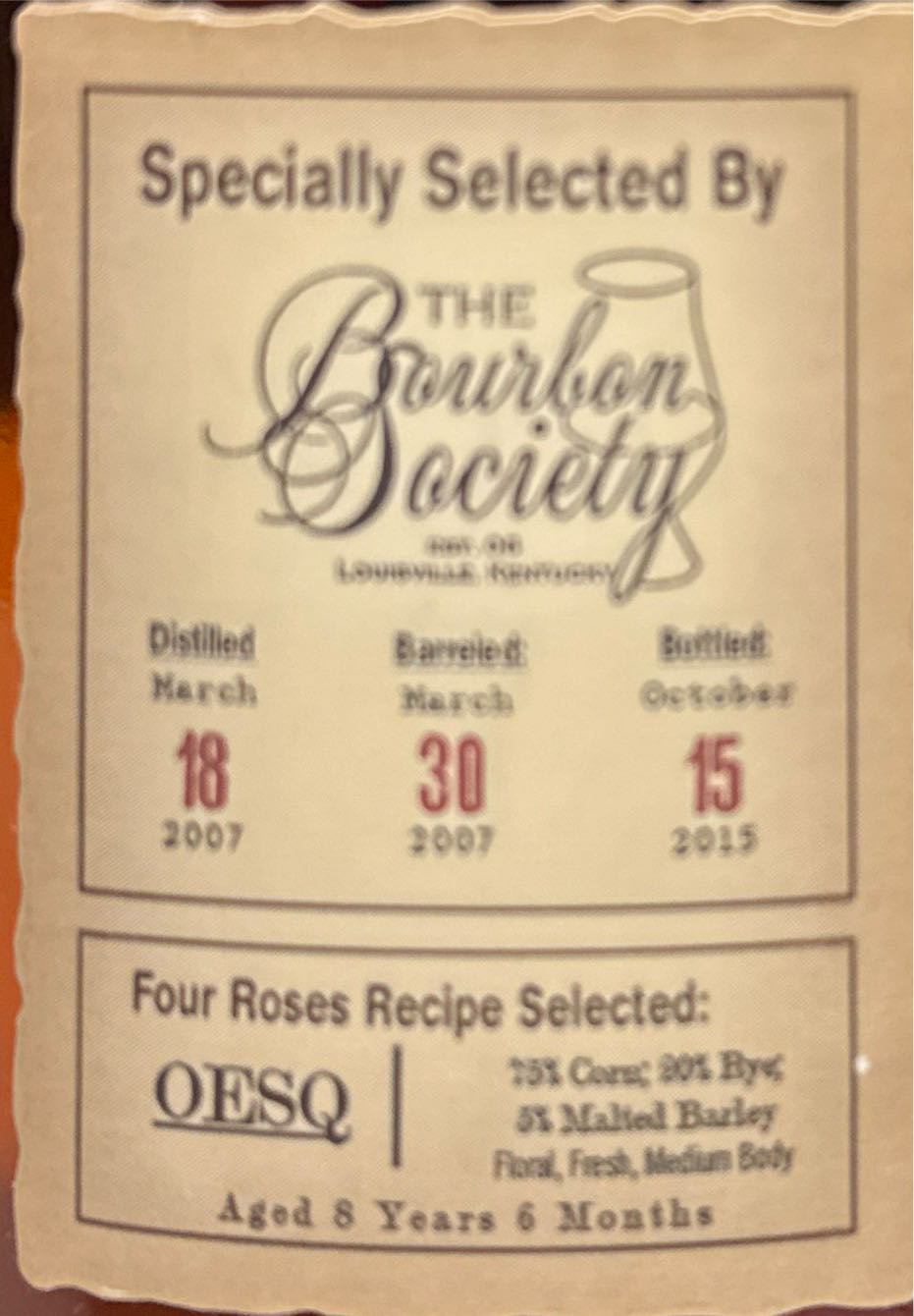 Four Roses Barrel Selection - TBS - OESQ - Four Roses Distillery LLC (750 mL) alcohol collectible [Barcode 040063400294] - Main Image 2