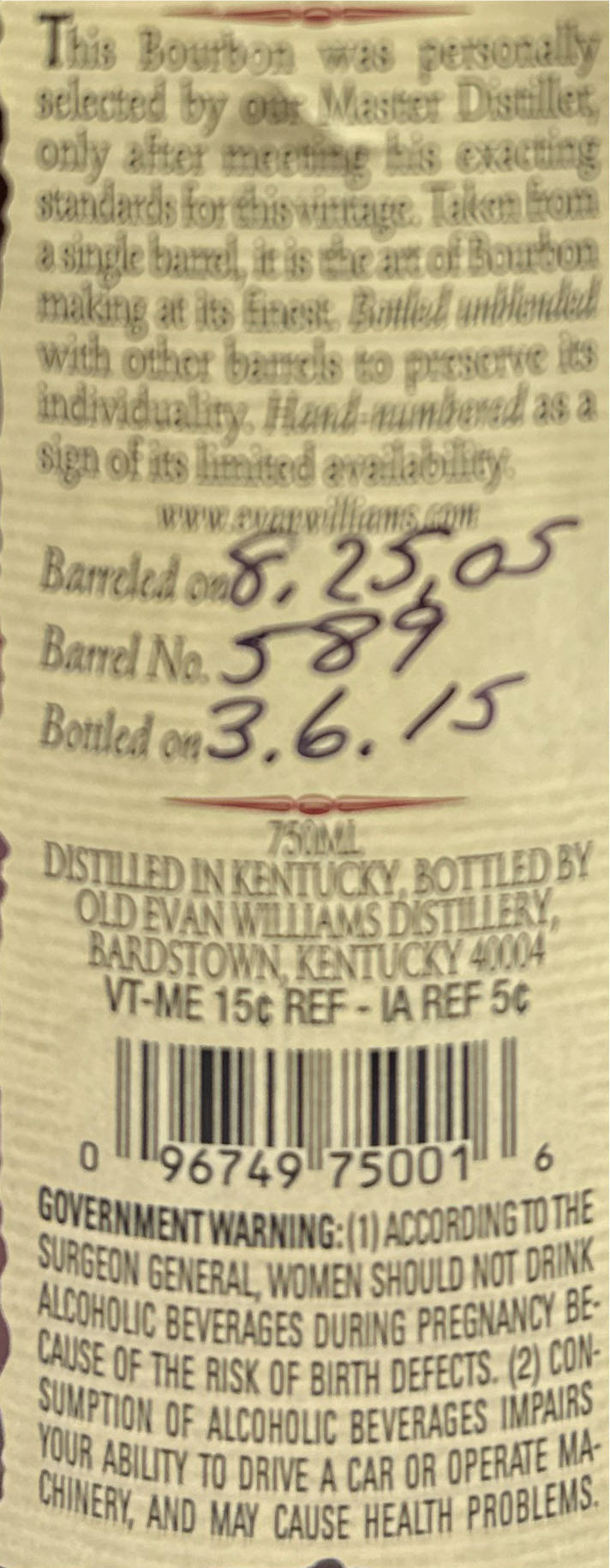 Evan Williams Single Barrel Vintage - Heaven Hill (750 mL) alcohol collectible [Barcode 096749750016] - Main Image 2