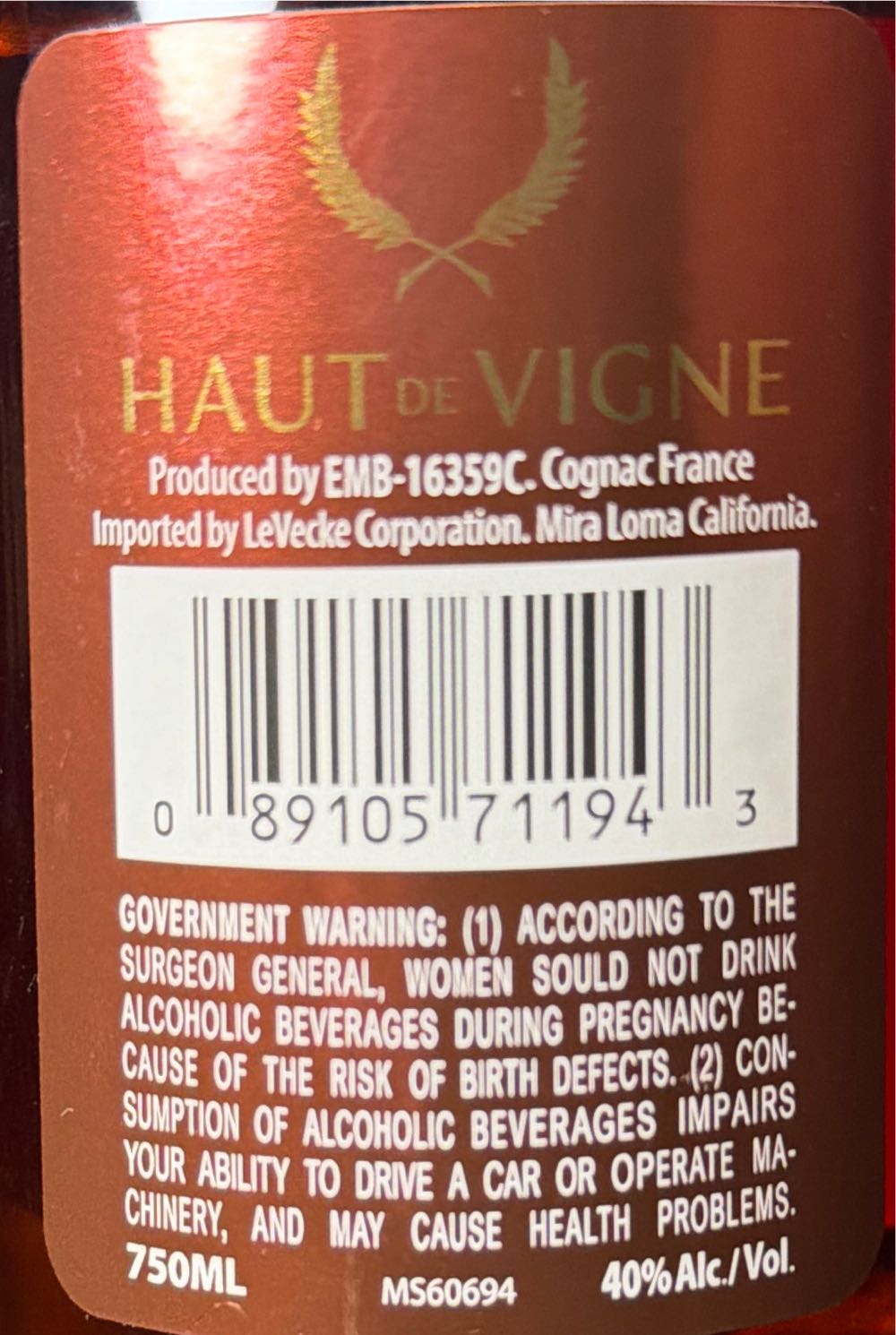 Haut de Vigne - Levecke Corporation (750 mL) alcohol collectible [Barcode 089105711943] - Main Image 2