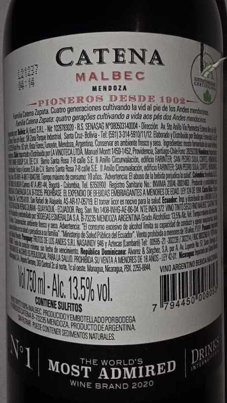 Catena Malbec 2019 - Brewery or Distillery: Bodega y Viñedos Catena / Bodegas Esmeralda (750 mL) alcohol collectible [Barcode 7794450008053] - Main Image 2