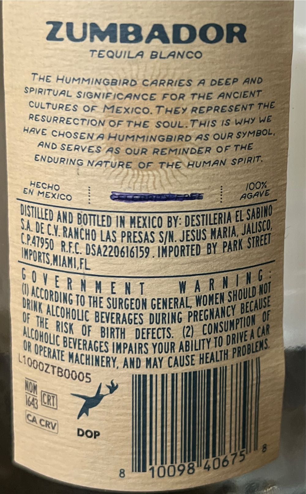 Zumbador Blanco Tequila Zumbador Tequila Blanco 1l Blanco - Zumbador (1 L) alcohol collectible [Barcode 810098406758] - Main Image 2