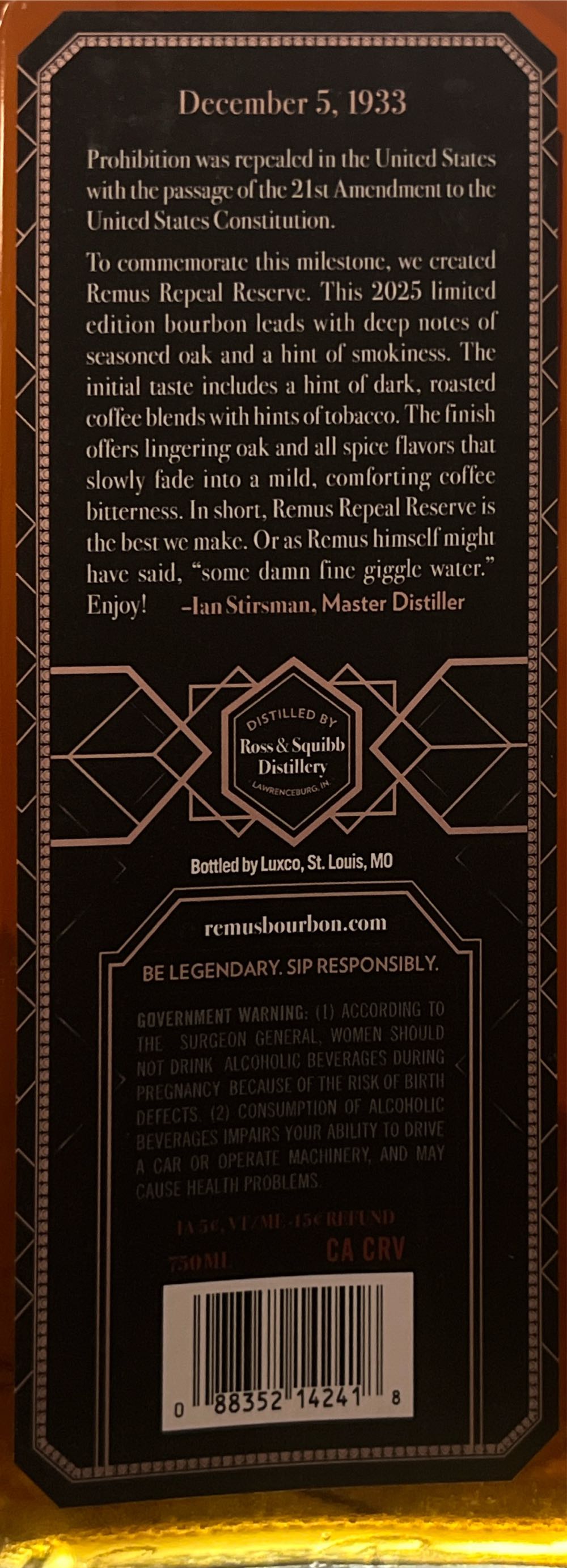 George Remus Repeal Reserve IX - Ross & Squibb Distillery (750 mL) alcohol collectible [Barcode 088352142418] - Main Image 2