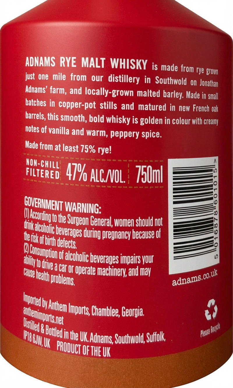 Adnams Southwold Rye Malt Whisky 750ml Whiskey English - England alcohol collectible [Barcode 5016878601015] - Main Image 2