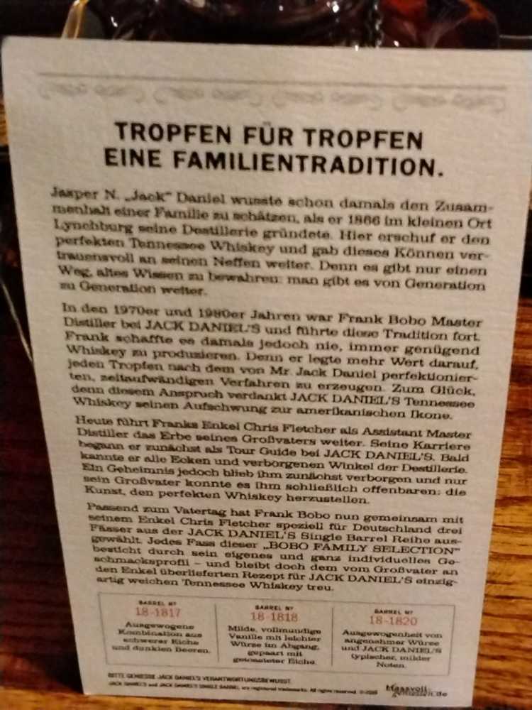 Single Barrel Select Bobo Family Selection 4-26-18 - Jack Daniel Distillery (75 mL) alcohol collectible - Main Image 3