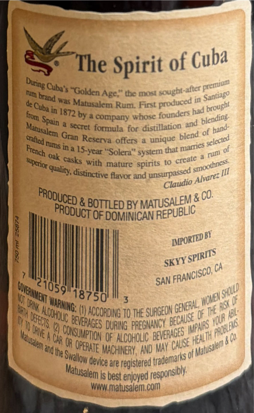 Ron Matusalem Gran Reserva 15 Rum - Medallas (750 mL) alcohol collectible [Barcode 721059187503] - Main Image 2