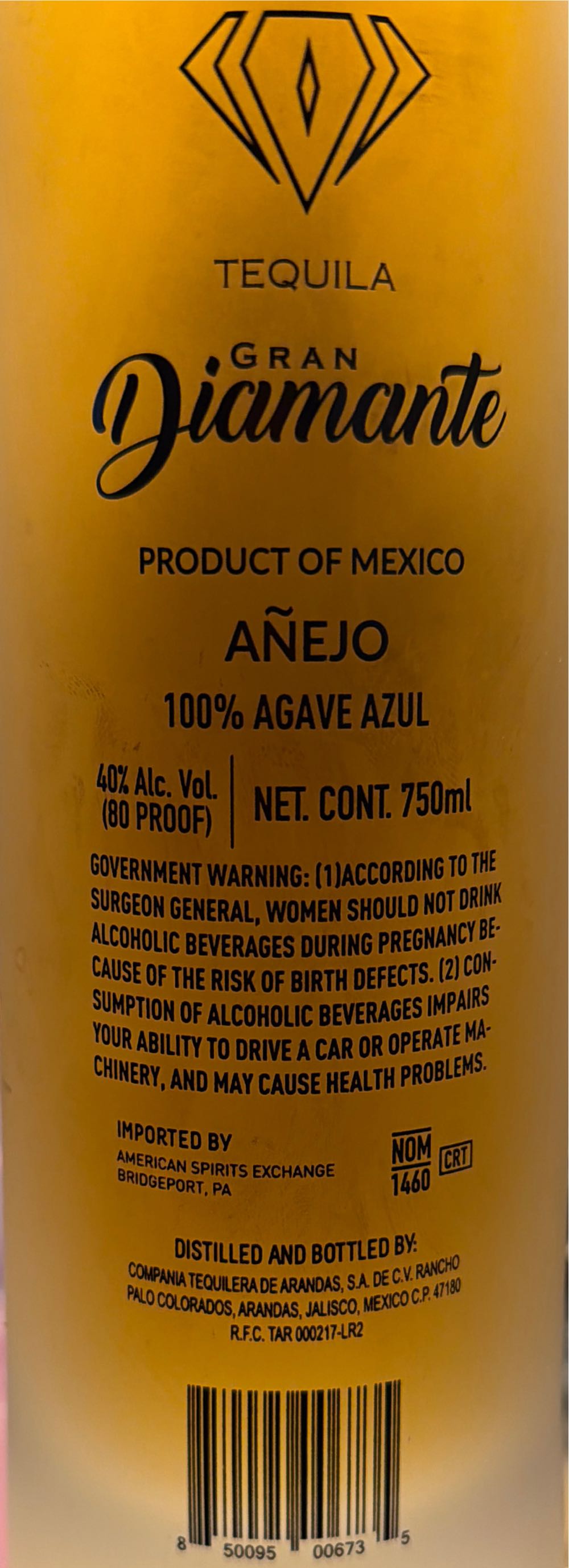 Gran Diamante Anejo Tequila 750ml - Companina  tequilera De arandas Sa De Cv (750 mL) alcohol collectible [Barcode 850095006735] - Main Image 3