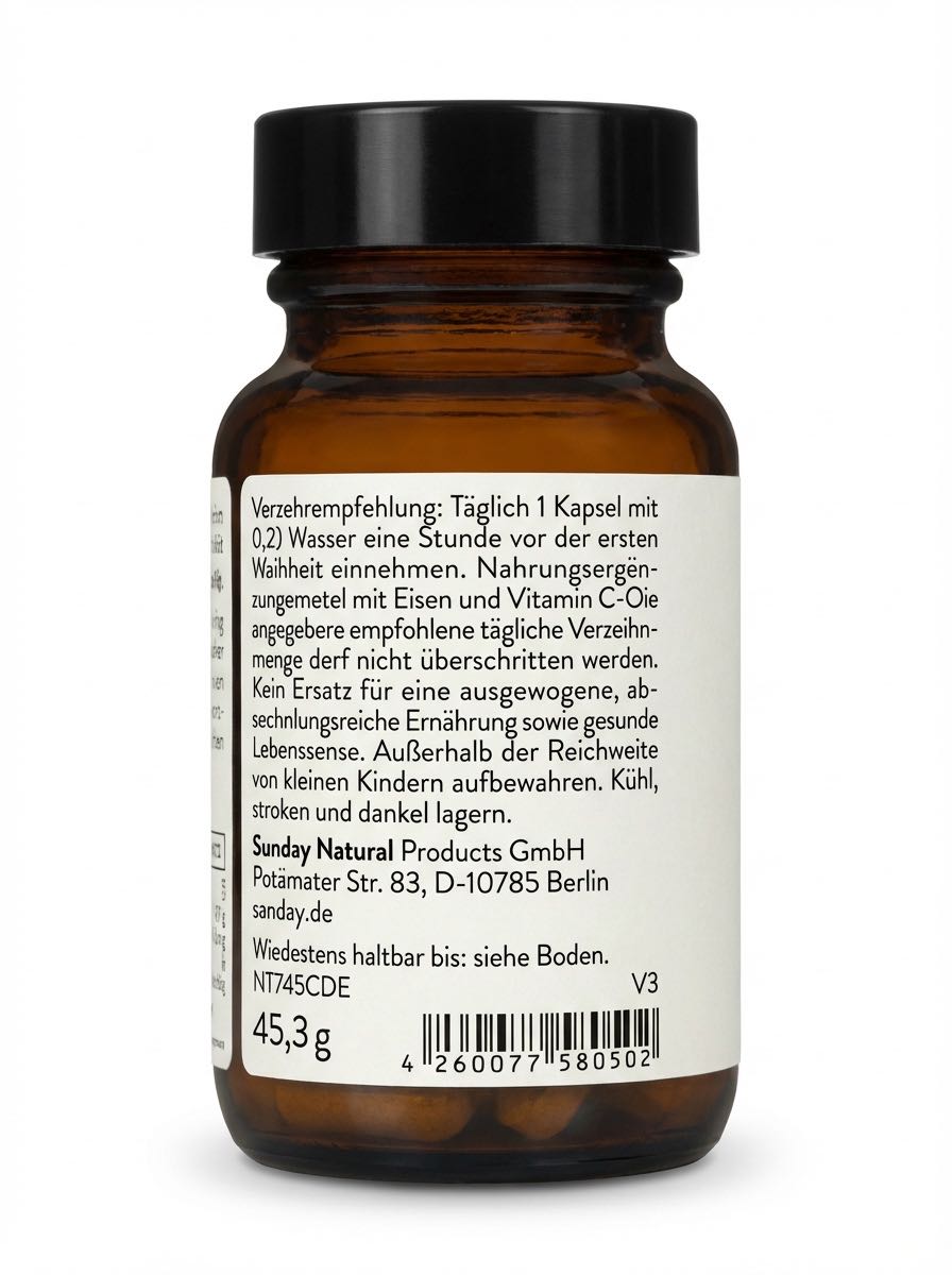 Eisen - Sunday Natural Products GmbH (Berlin, Germany) (60 capsules (net weight 45.3 g)) alcohol collectible [Barcode 4260077580502] - Main Image 2