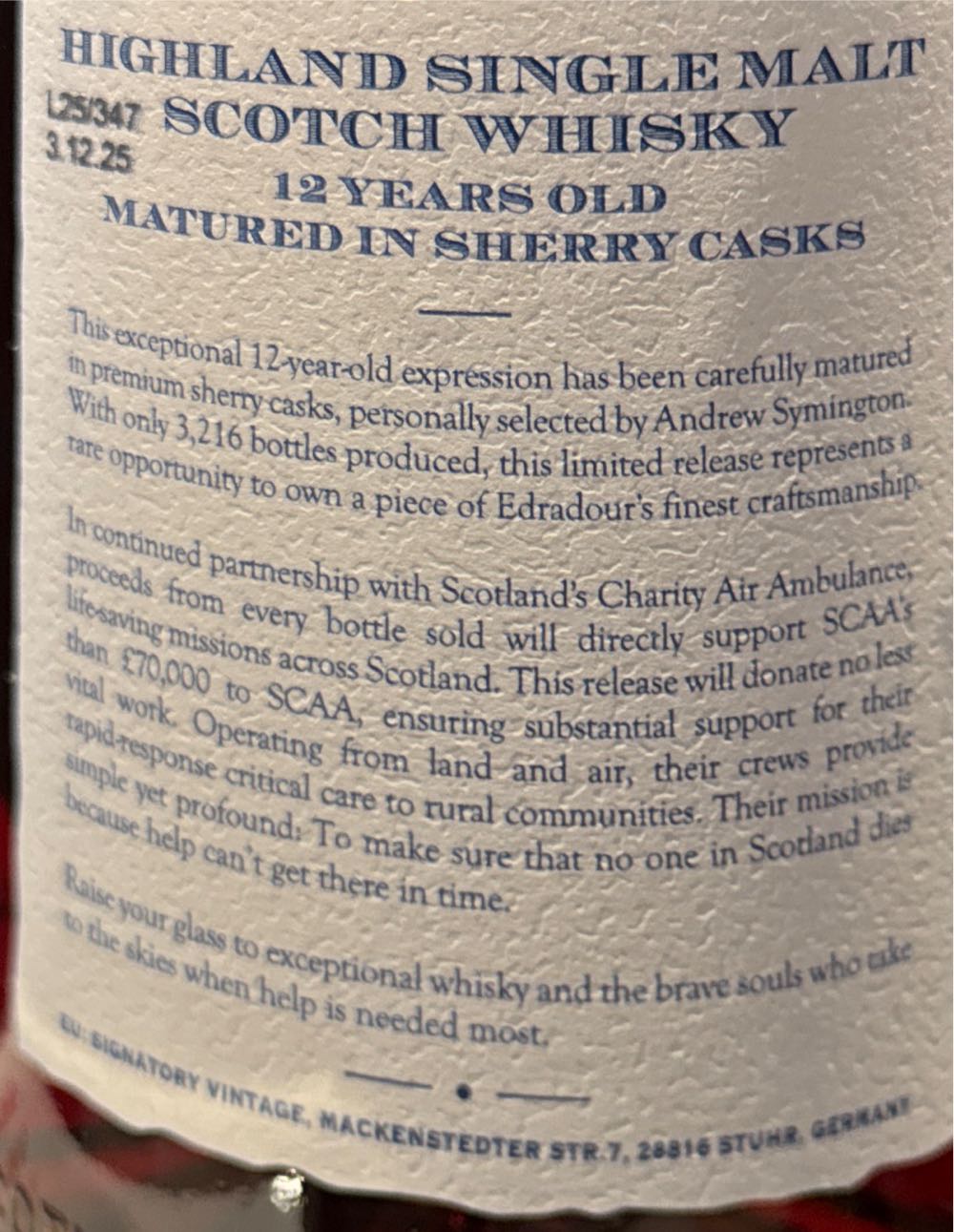 Edradour 12 Years Air Ambulance Scaa Charity - Edradour Distillery Company, Ltd. (700 mL) alcohol collectible [Barcode 5021944130832] - Main Image 2