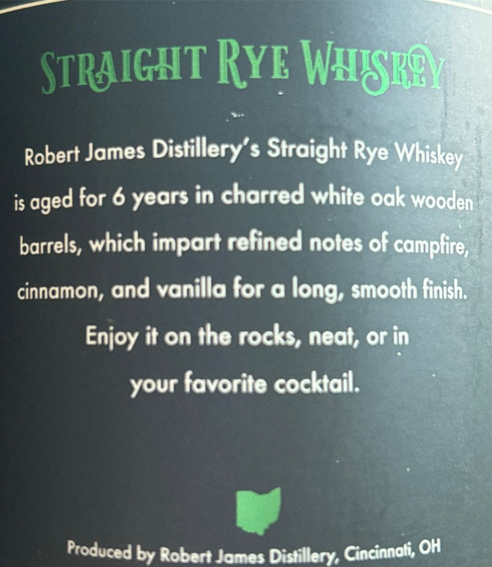 Robert James Straight Rye Whiskey - Robert James Distillery (750 mL) alcohol collectible [Barcode 088434222113] - Main Image 2