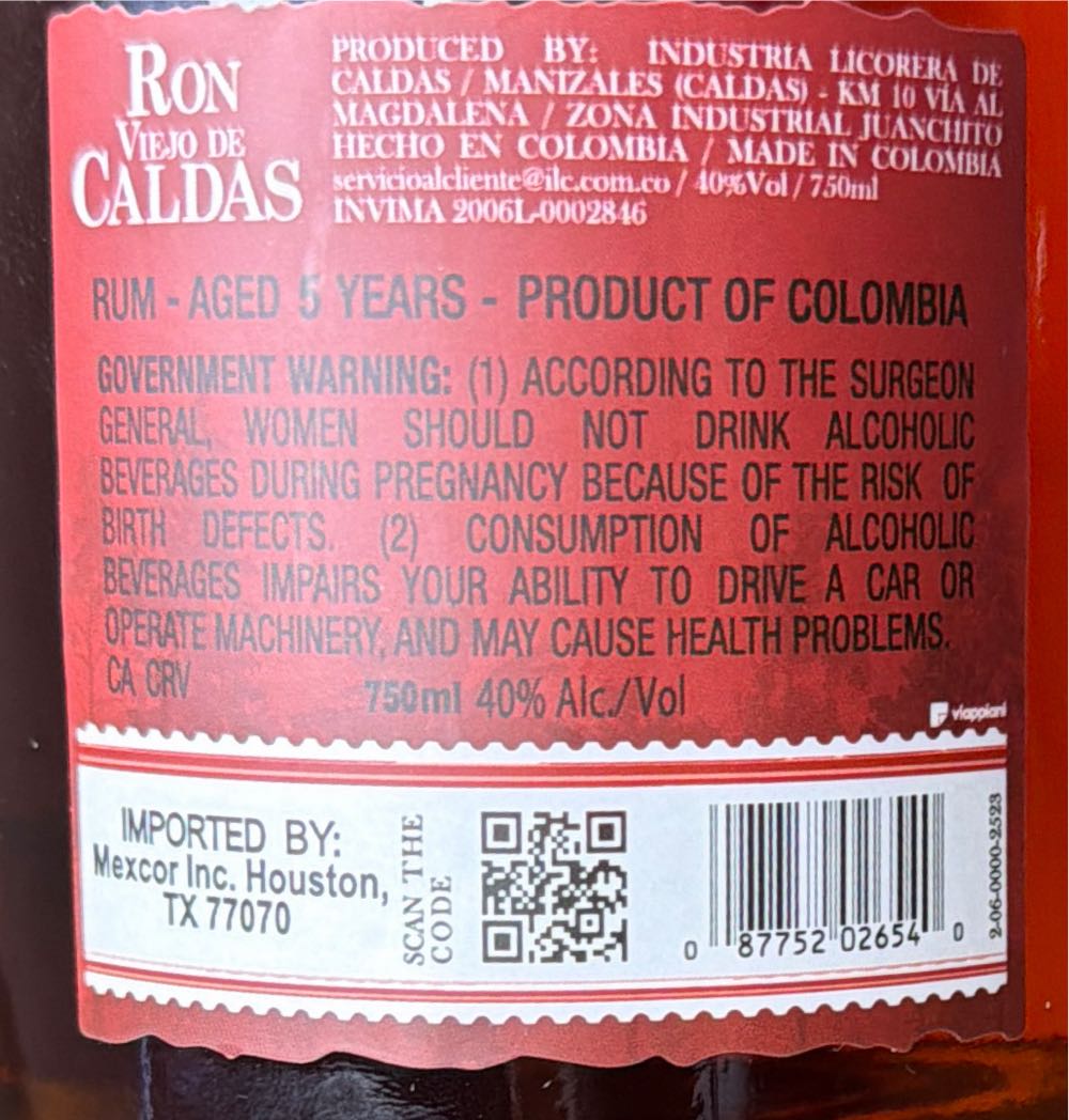 Ron Viejo De Caldas 5 Year 750ml Rum 5yr 750 Ml Liquor  (750 mL) alcohol collectible [Barcode 087752026540] - Main Image 3