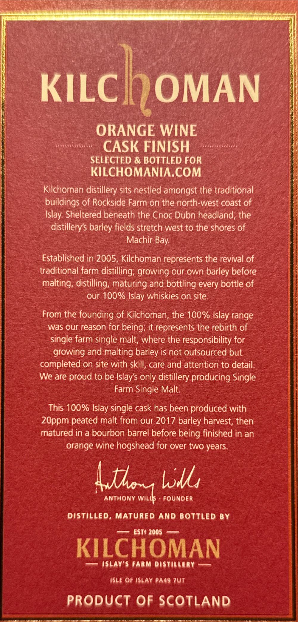 Kilchoman Orange Wine Cask Finish 5yo - Kilchoman Distillery (700 mL) alcohol collectible [Barcode 5060210709273] - Main Image 3