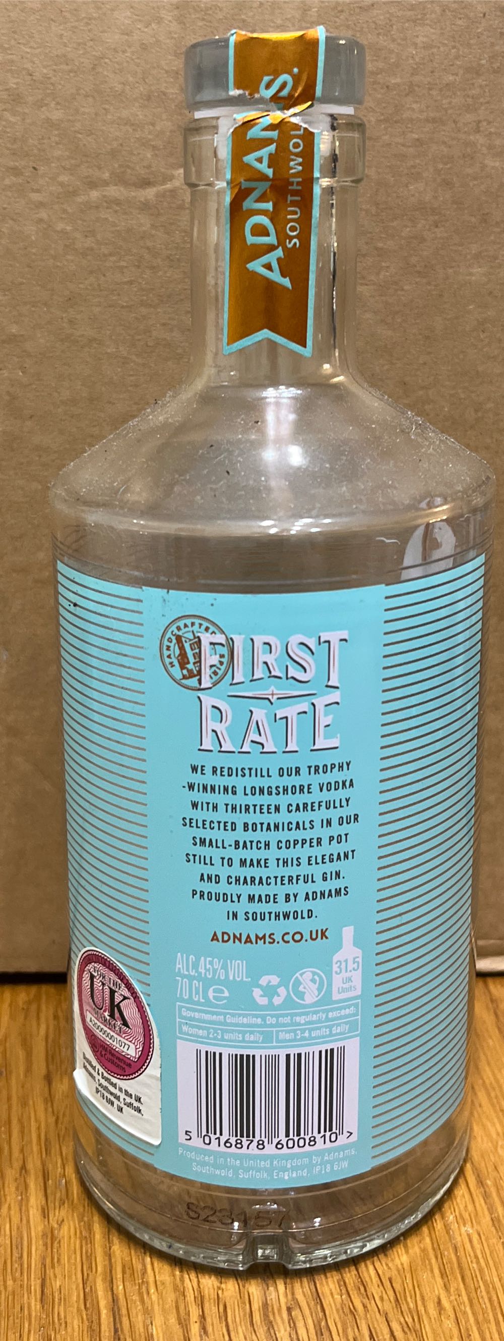 Adnams First Rate Triple Malt Gin - The Adnams Distillery (700 mL) alcohol collectible [Barcode 5016878600810] - Main Image 2