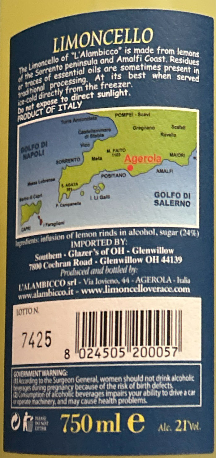 Limoncello  (750 mL) alcohol collectible [Barcode 8024505200057] - Main Image 2