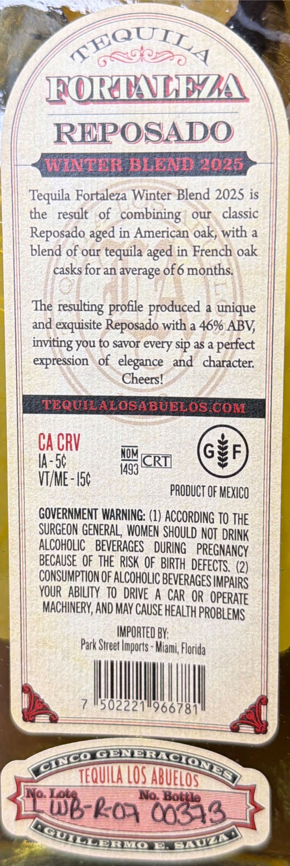 Fortaleza Winter Blend Reposado - Tequila Los Abuelos, S.A. de C.V. (750 mL) alcohol collectible [Barcode 7502221966781] - Main Image 3